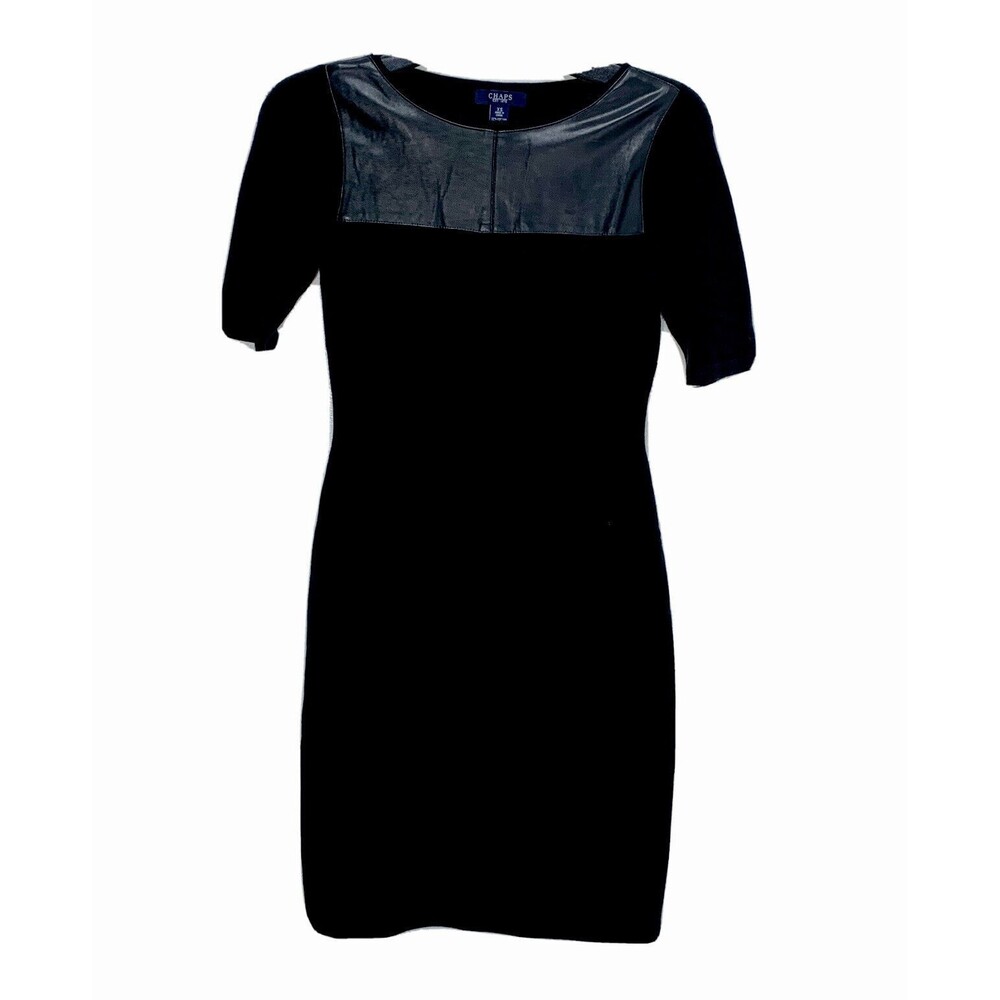 CHAPS Black Stretch KNIT Pencil Skirt Dress Elegant Hour Glass Leather Like XS
